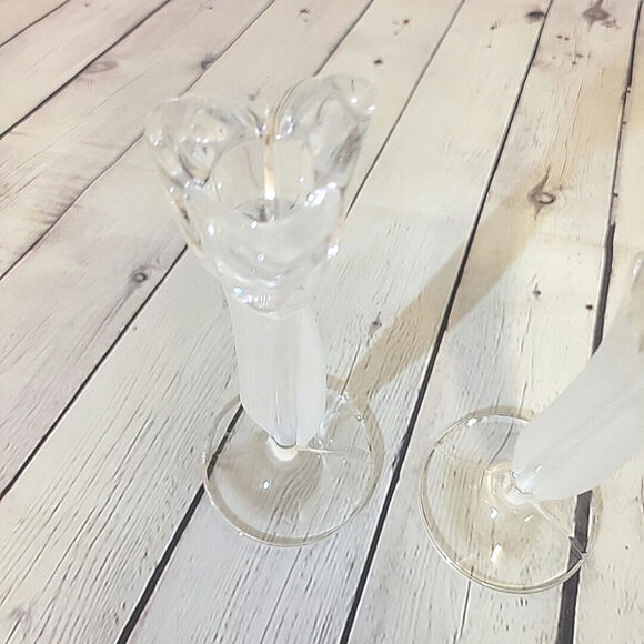 Stem Rose Petal Candle Holders Pair Clear Glass Frosted - Picture 3 of 3